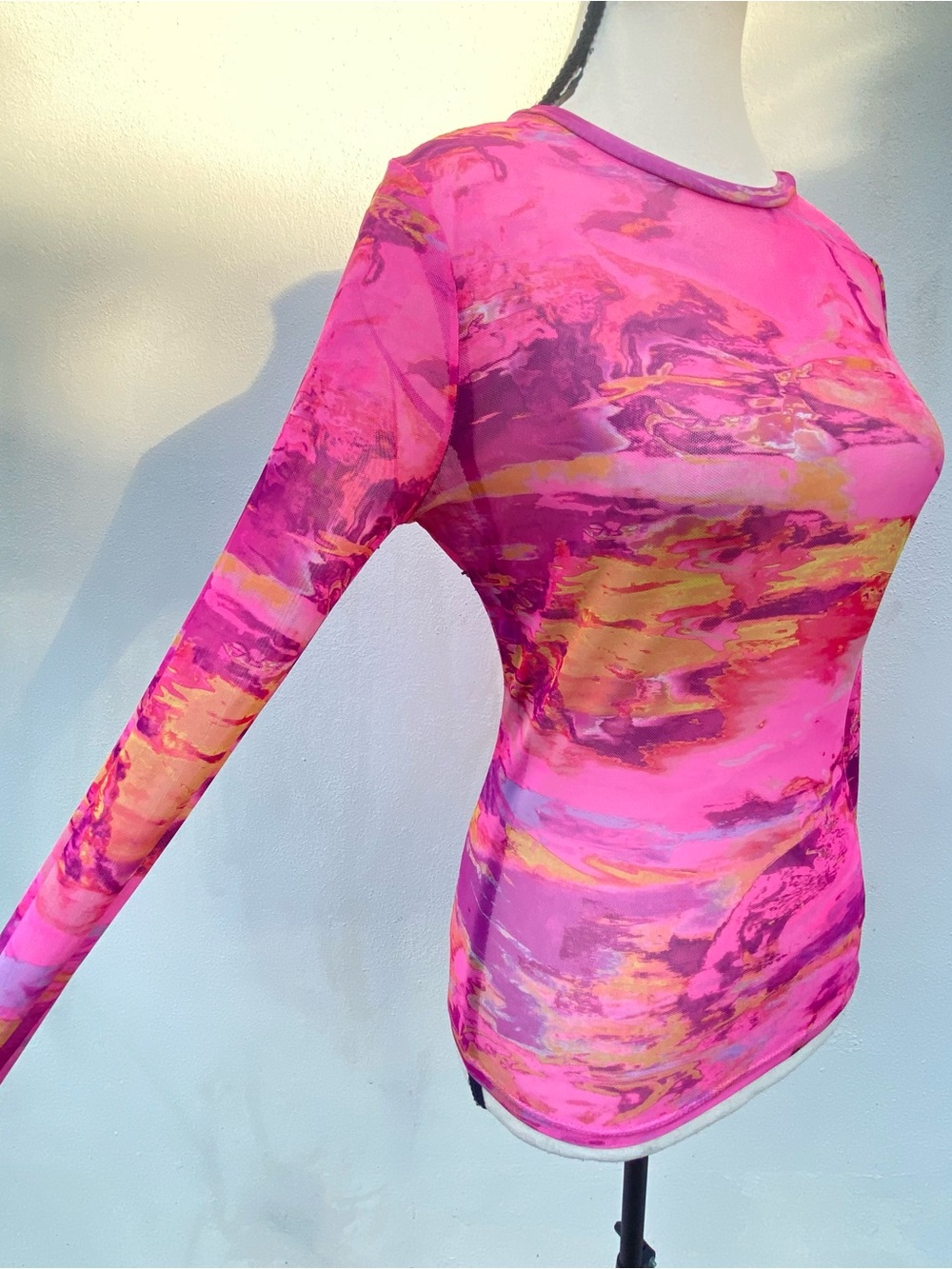 AFRM Subversive Pink & Orange Abstract Sunset Print Mesh Long Sleeve Top Small - Picture 2 of 6